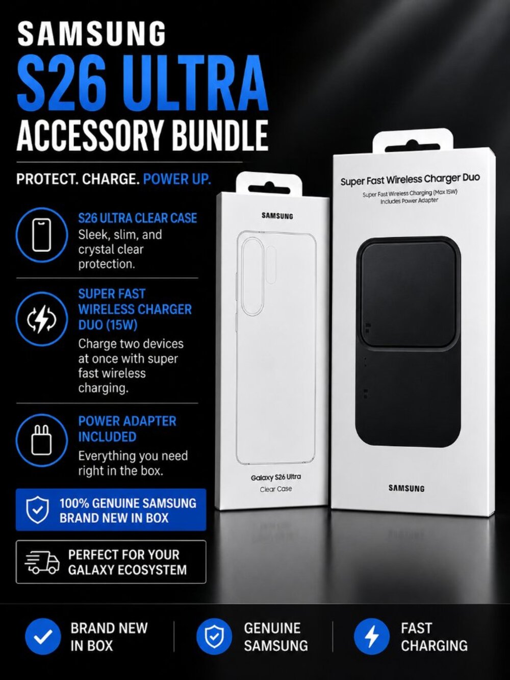 Samsung Galaxy S26 Ultra Accessory Bundle Wireless Charger + Clear Case